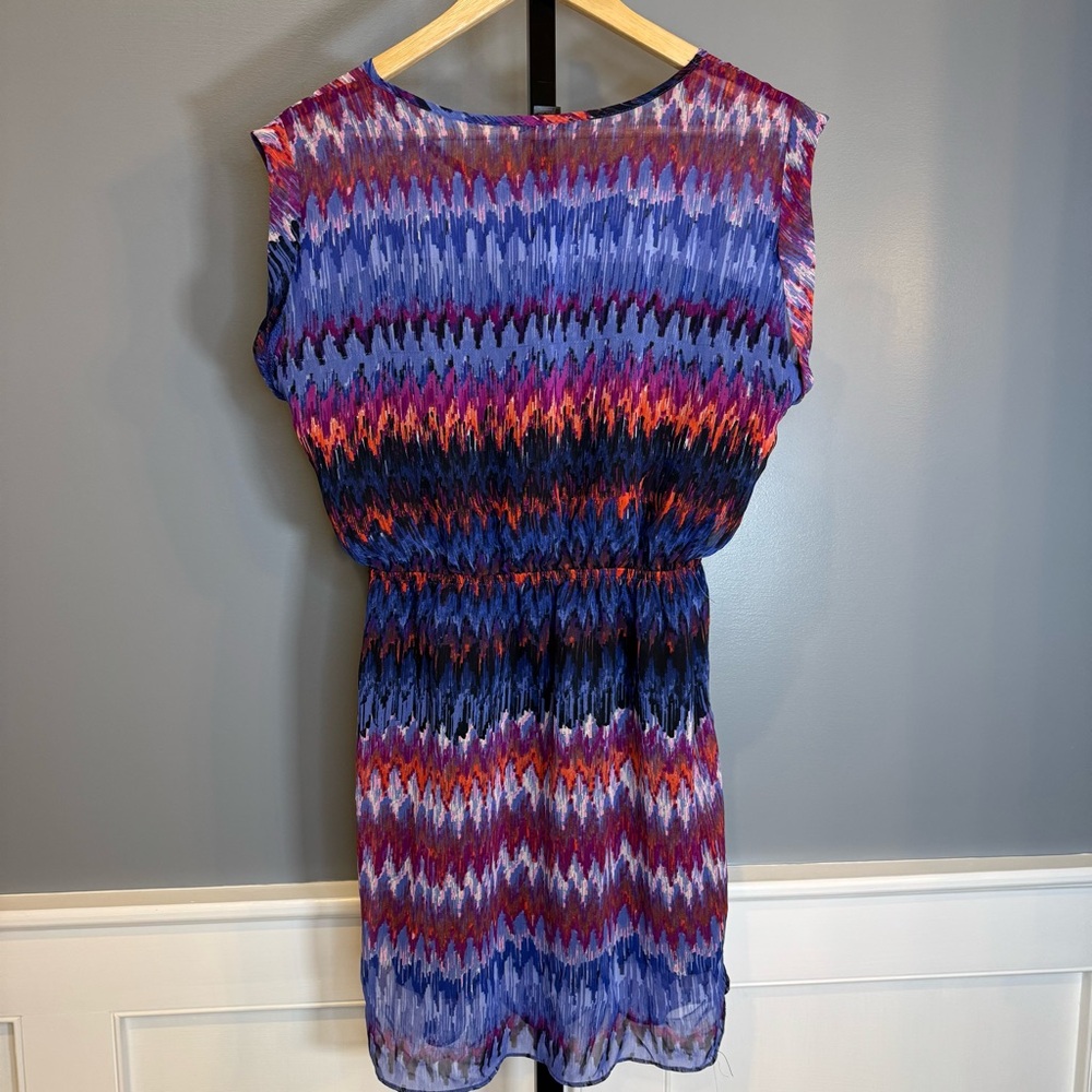 AQUA Ikat Print Dress Medium Multicolor Sheer Overlay Elastic‎ Waist Mini - Picture 5 of 7